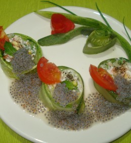 Curd salad in cucumber rolls with subza topping recipe